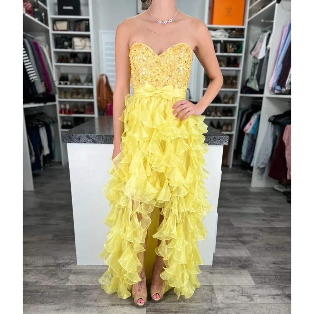 Sherri Hill Yellow Ruffle Organza Strapless Formal Gown $358 - Picture 3 of 11